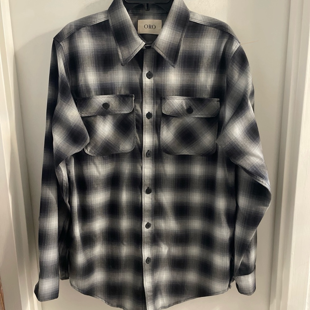 ORO medium Black multicolor plaid long sleeve button up shirt